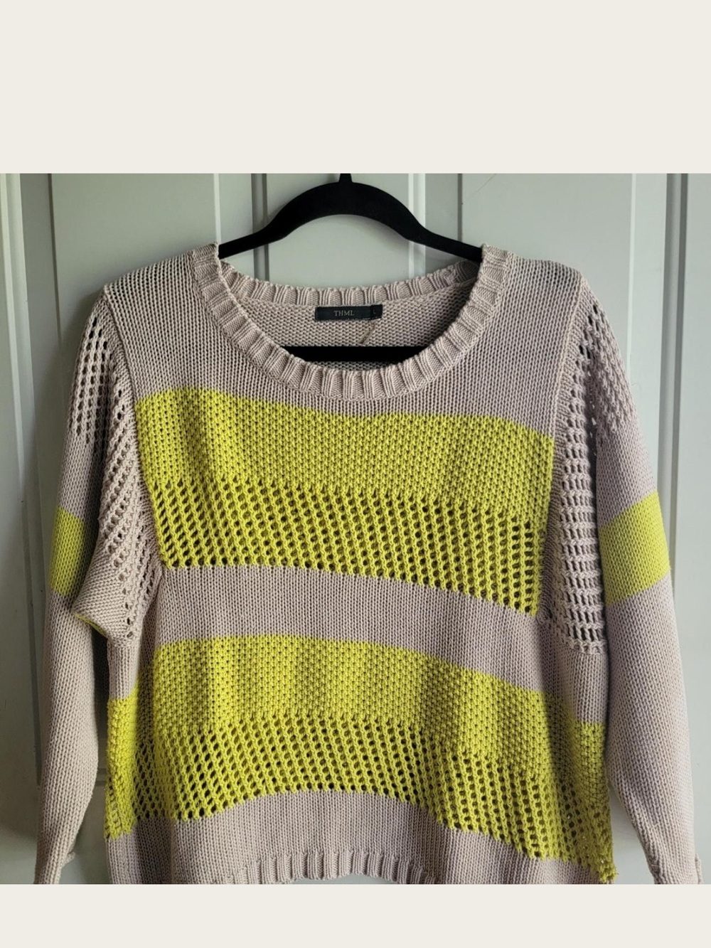 THML Beige & Lime Open-Knit Stripe Scoop Sweater